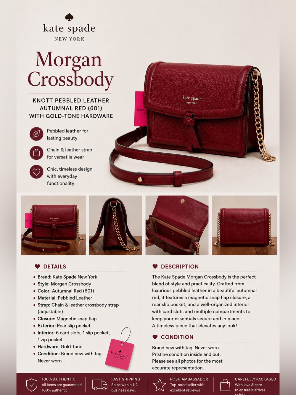 Kate Spade autumnal Red bag Knott Leather Crossbody Bag sm  details  NWT Rtl 248